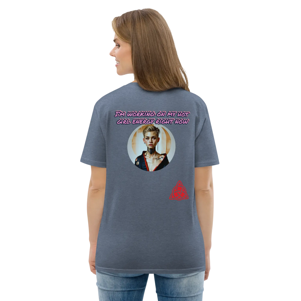 Unisex organic cotton t-shirt, dark heather grey; full back graphic portrait, text, red logo