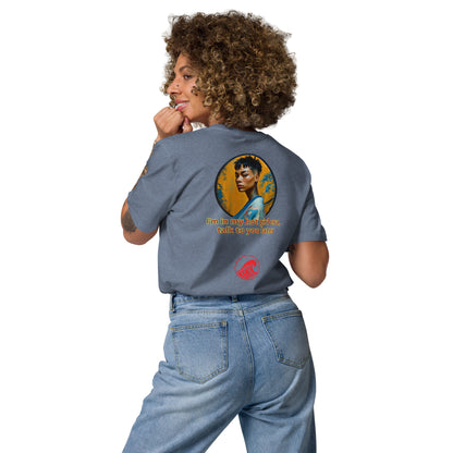 Dark heather blue unisex organic cotton T-shirt, back print with circular portrait and red logo