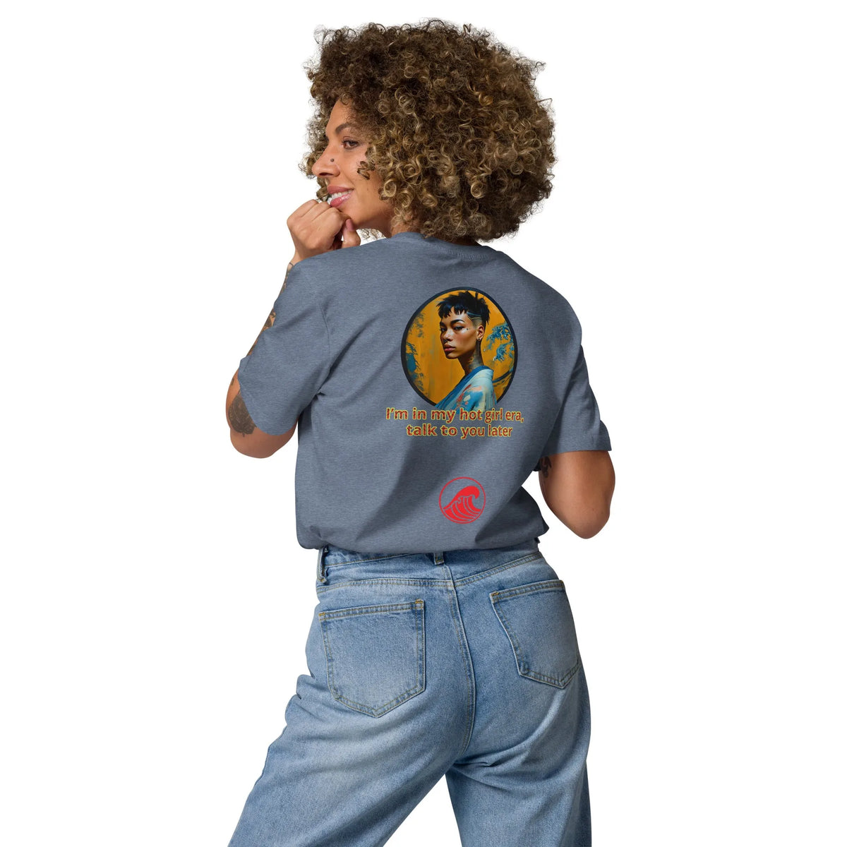 Dark heather blue unisex organic cotton T-shirt, back print with circular portrait and red logo