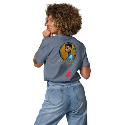 Dark heather blue unisex organic cotton T-shirt, back print with circular portrait and red logo