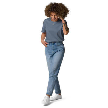 Dark heather blue unisex organic cotton T-shirt, front with small chest graphic