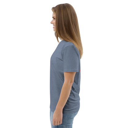 Dark heather blue T-shirt angled side view, crew neck and short sleeves