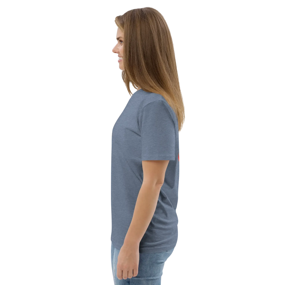 Dark heather blue T-shirt angled side view, crew neck and short sleeves