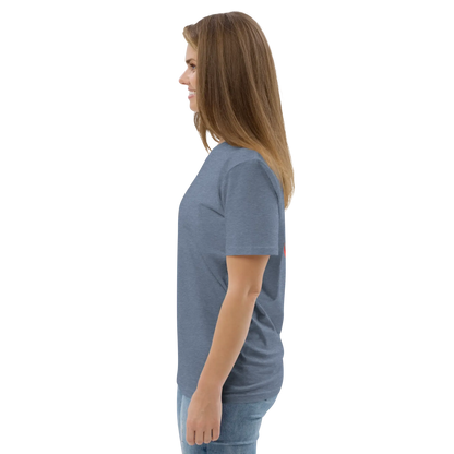 Dark heather blue T-shirt angled side view, crew neck and short sleeves