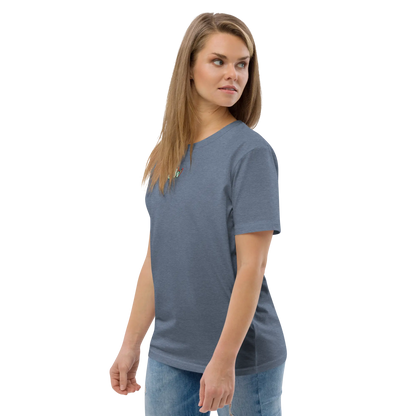 Unisex organic cotton T-shirt in dark heather blue, crew neck, short sleeves