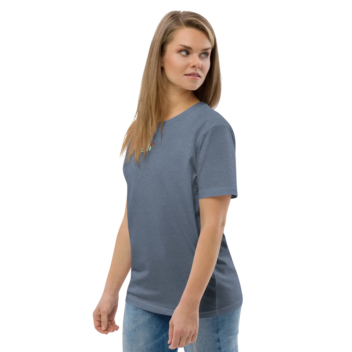 Unisex organic cotton t-shirt, dark heather grey; front chest logo, short sleeves