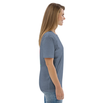 Dark heather blue T-shirt side view, short sleeves and crew neckline