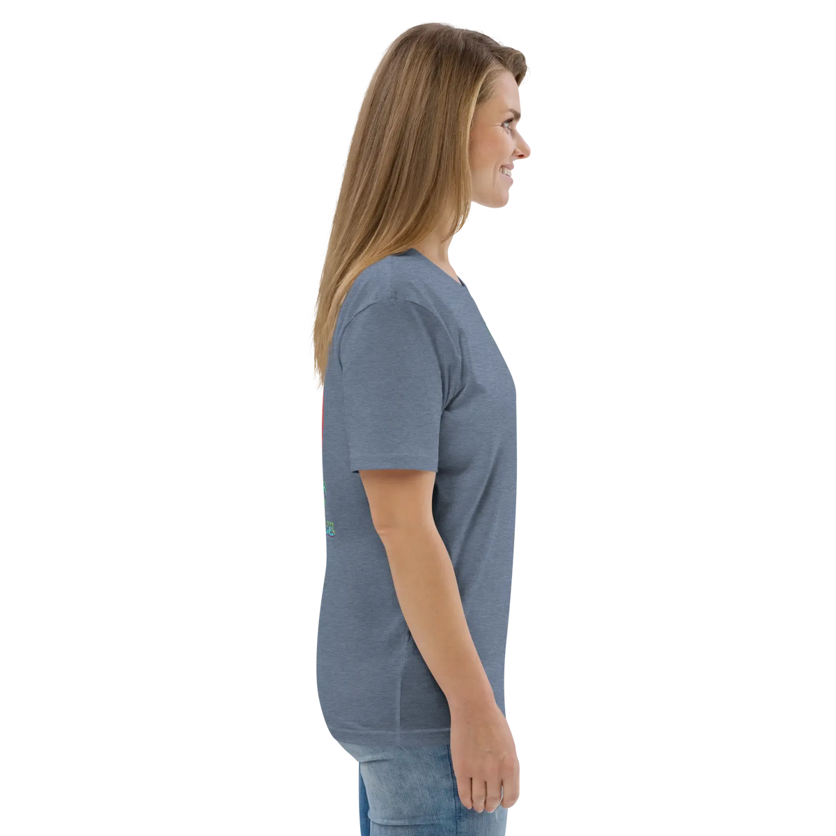 Dark heather blue T-shirt side view, short sleeves and crew neckline