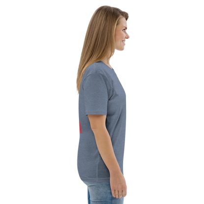 Unisex organic cotton t-shirt, dark heather grey; side view of sleeve and hem