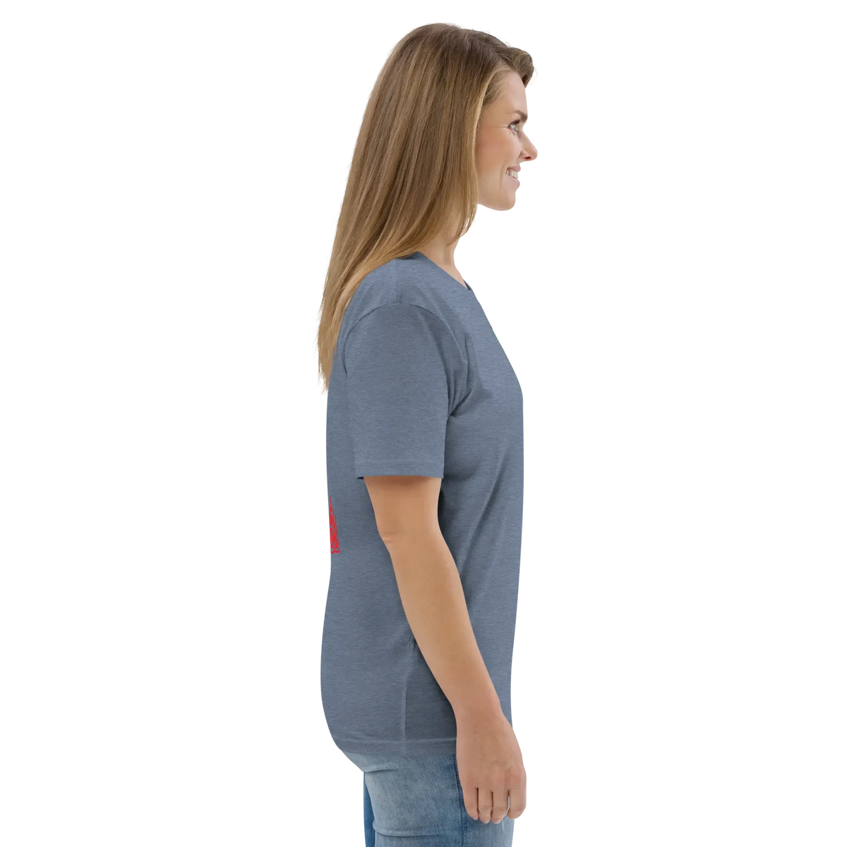 Unisex organic cotton t-shirt, dark heather grey; side view of sleeve and hem