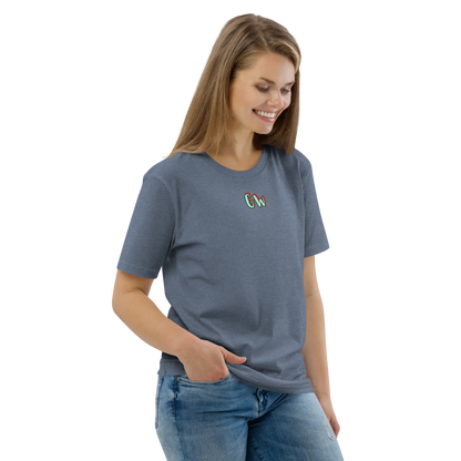 Dark heather blue T-shirt front view with small chest logo, crew neck, short sleeves