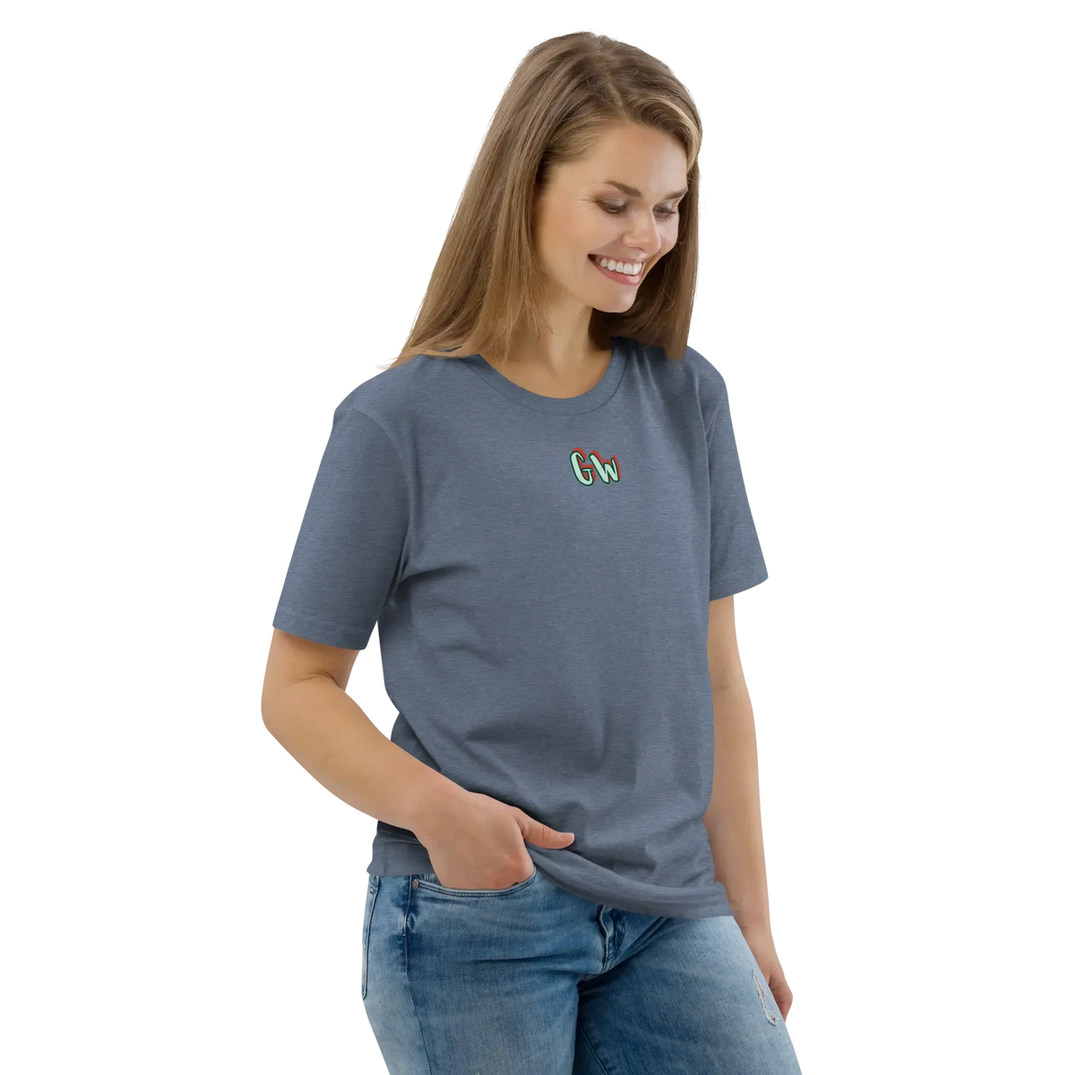 Dark heather blue T-shirt front view with small chest logo, crew neck, short sleeves