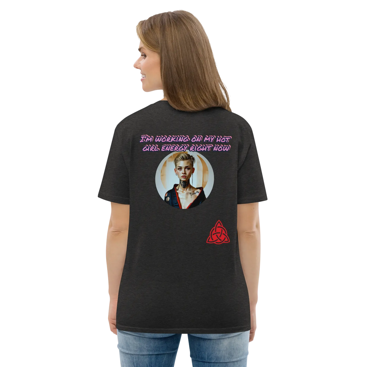 Unisex organic cotton T-shirt, dark heather grey, back print with text and circular graphic