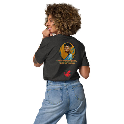 Dark heather grey unisex organic cotton T-shirt, large back graphic with portrait