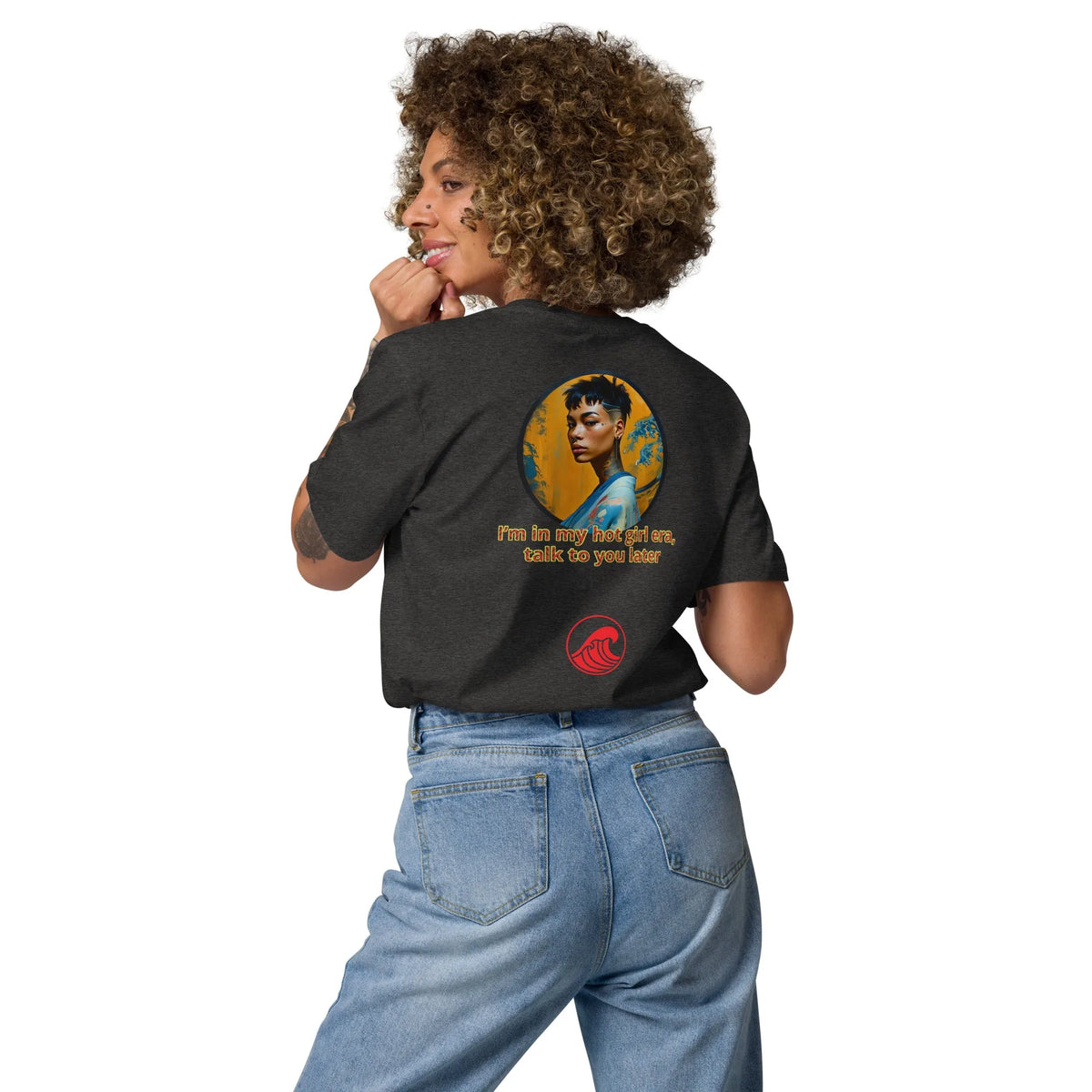 Dark heather grey unisex organic cotton T-shirt, large back graphic with portrait
