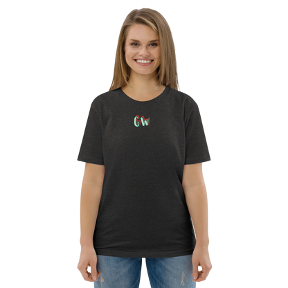 Unisex organic cotton T-shirt, dark heather grey, small chest logo