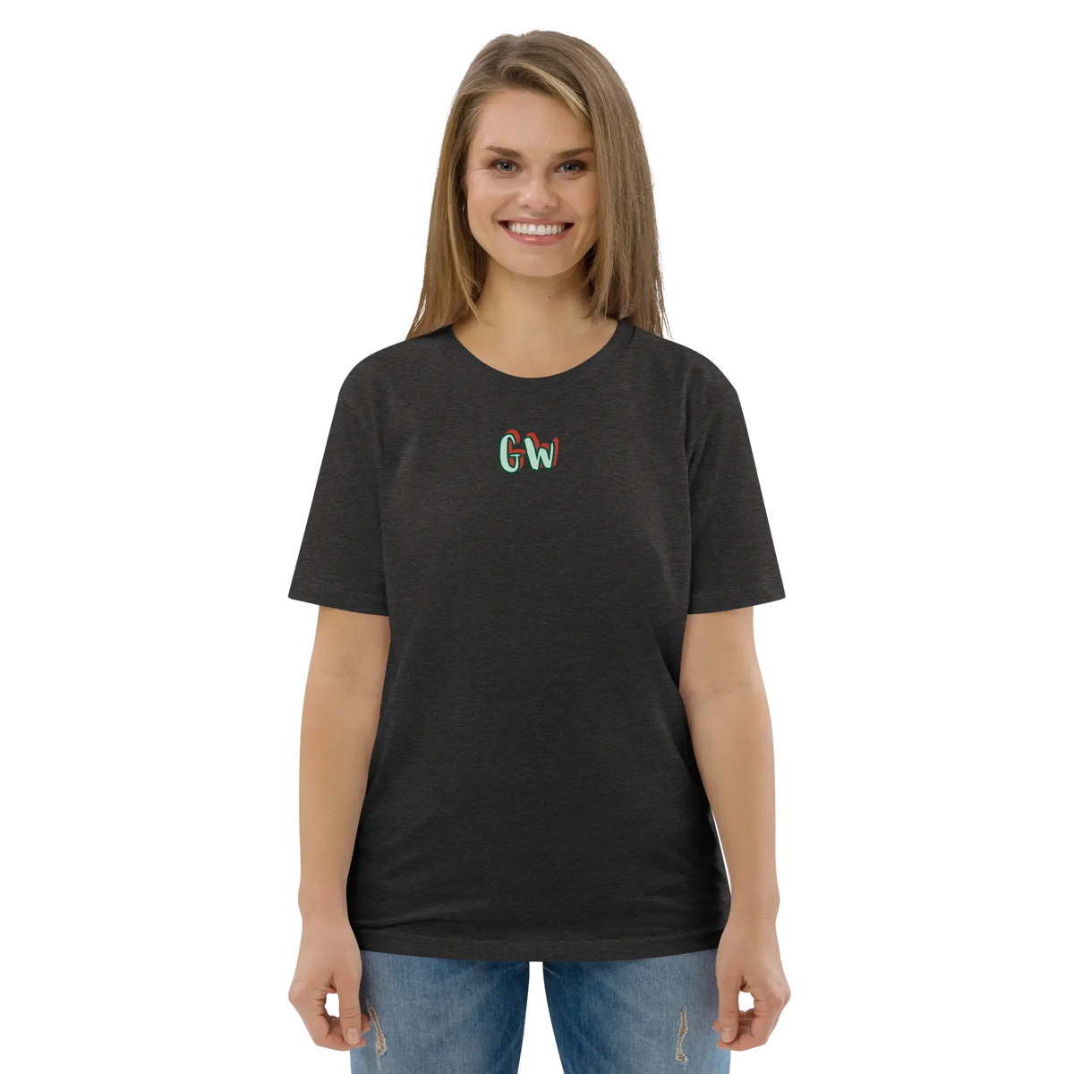 Unisex organic cotton T-shirt, dark heather grey, small chest logo