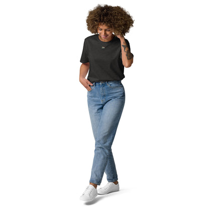 Dark heather grey unisex organic cotton T-shirt, small chest logo
