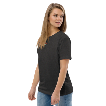 Unisex organic cotton T-shirt, dark heather grey, three-quarter view with chest logo