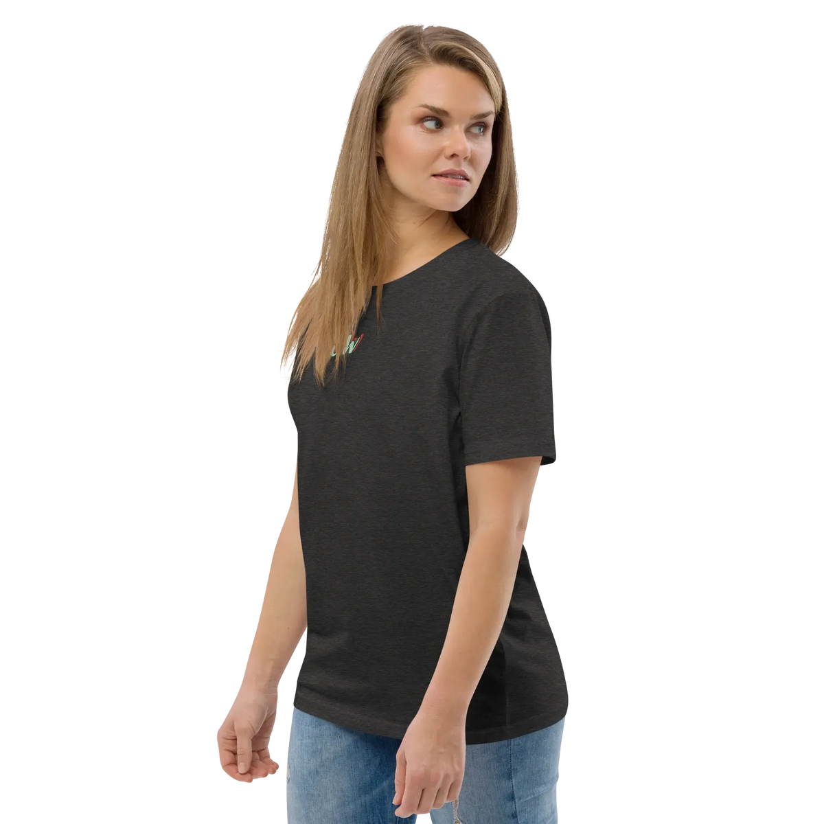 Unisex organic cotton T-shirt, dark heather grey, three-quarter view with chest logo