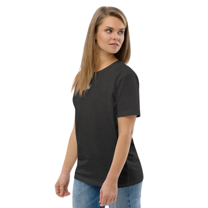 Unisex organic cotton T-shirt, dark heather grey, three-quarter view with chest logo