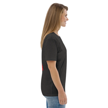Unisex organic cotton T-shirt, dark heather grey, side view showing short sleeves