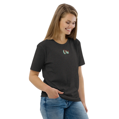 Unisex organic cotton T-shirt, dark heather grey, front view with small chest logo
