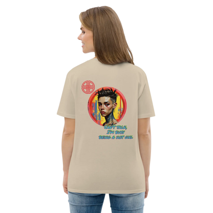 Back view of unisex organic cotton t-shirt, light beige with large colorful heart print