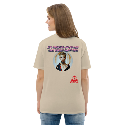 Unisex organic cotton T-shirt in beige, back graphic with text and round portrait