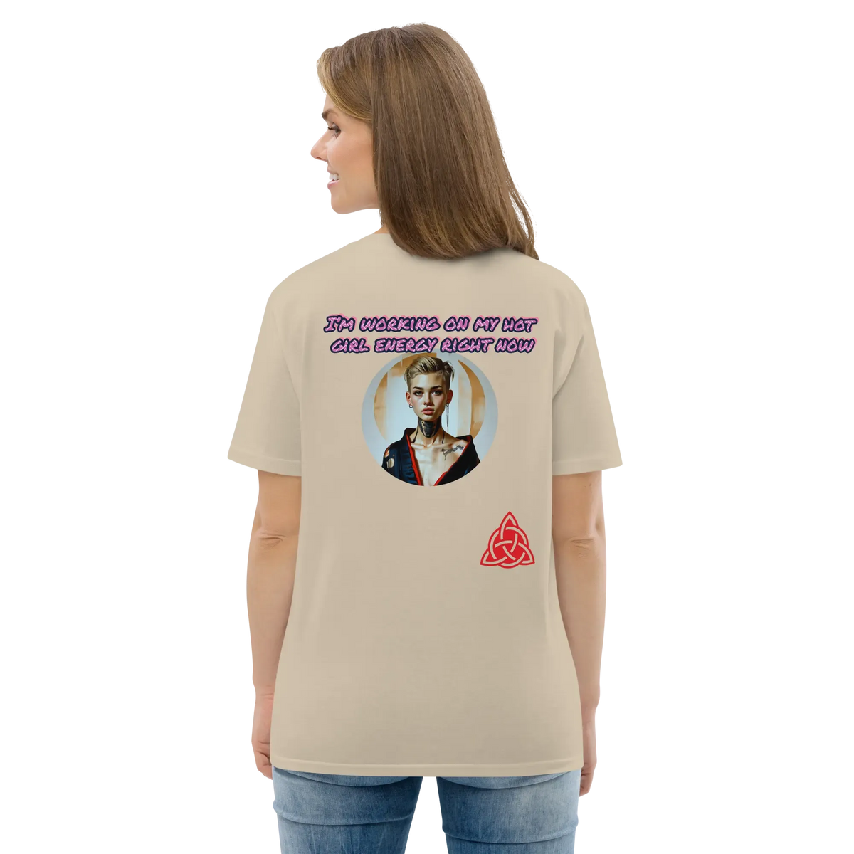 Unisex organic cotton T-shirt in beige, back graphic with text and round portrait