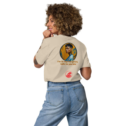 White unisex organic cotton T-shirt, back print with circular portrait and red logo
