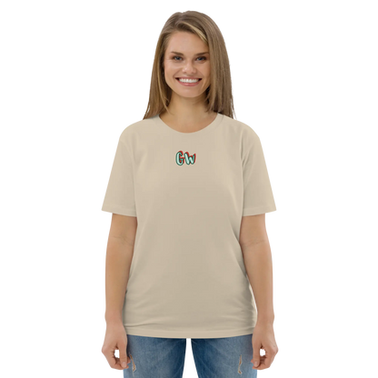 Unisex organic cotton t-shirt in light beige with small chest logo graphic