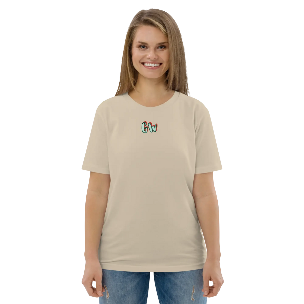 Unisex organic cotton t-shirt in light beige with small chest logo graphic