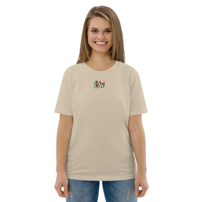 Unisex organic cotton t-shirt in light beige with small chest logo graphic