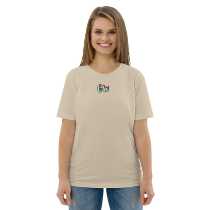 Unisex organic cotton T-shirt in beige, small multicolor GW logo on chest, front view