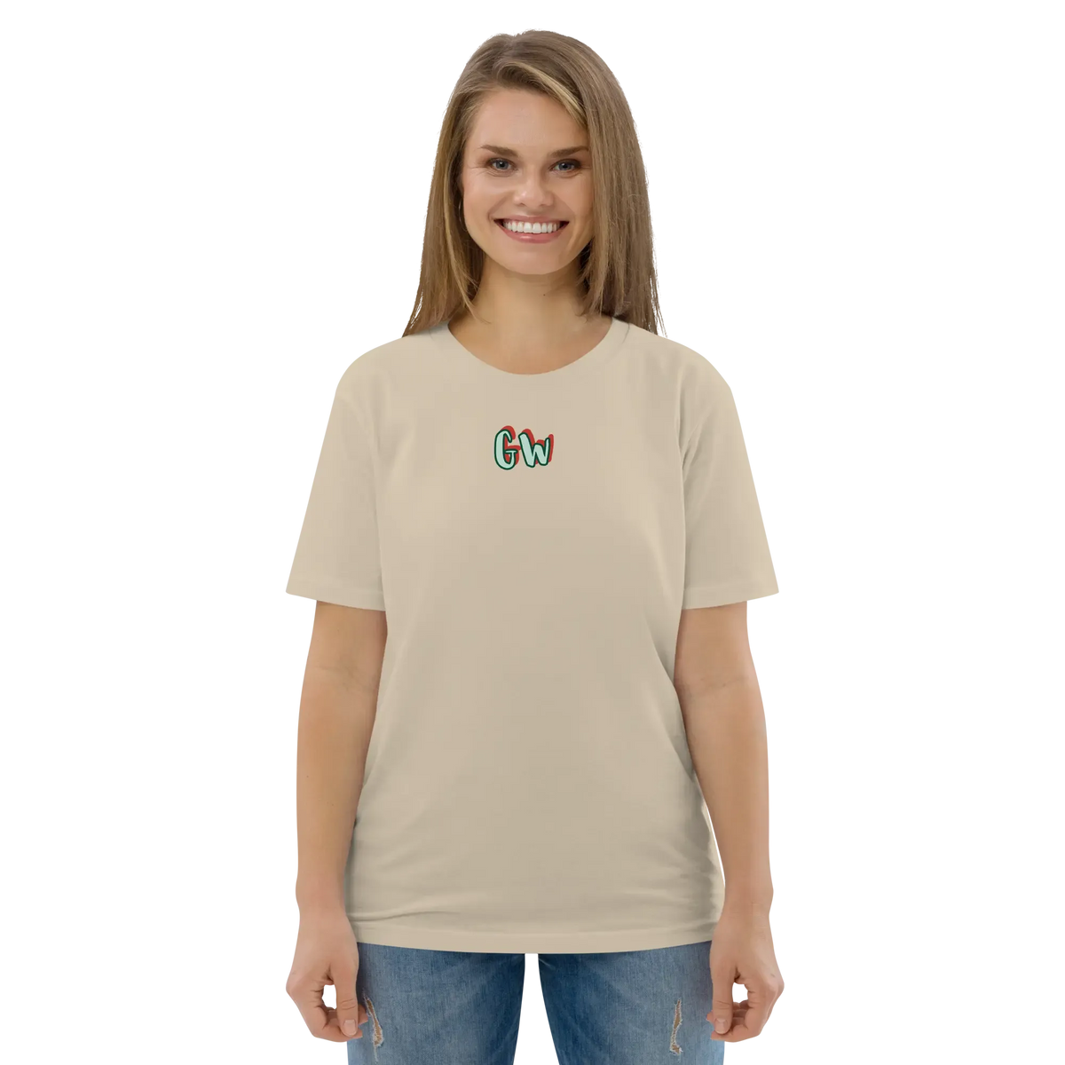 Unisex organic cotton T-shirt in beige, small multicolor GW logo on chest, front view