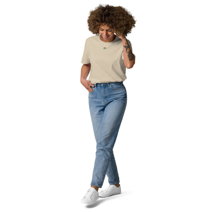 White unisex organic cotton T-shirt, front with small chest graphic