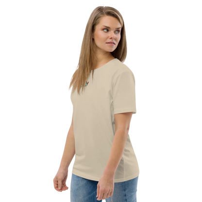 Unisex organic cotton t-shirt, light beige, side profile with small chest logo