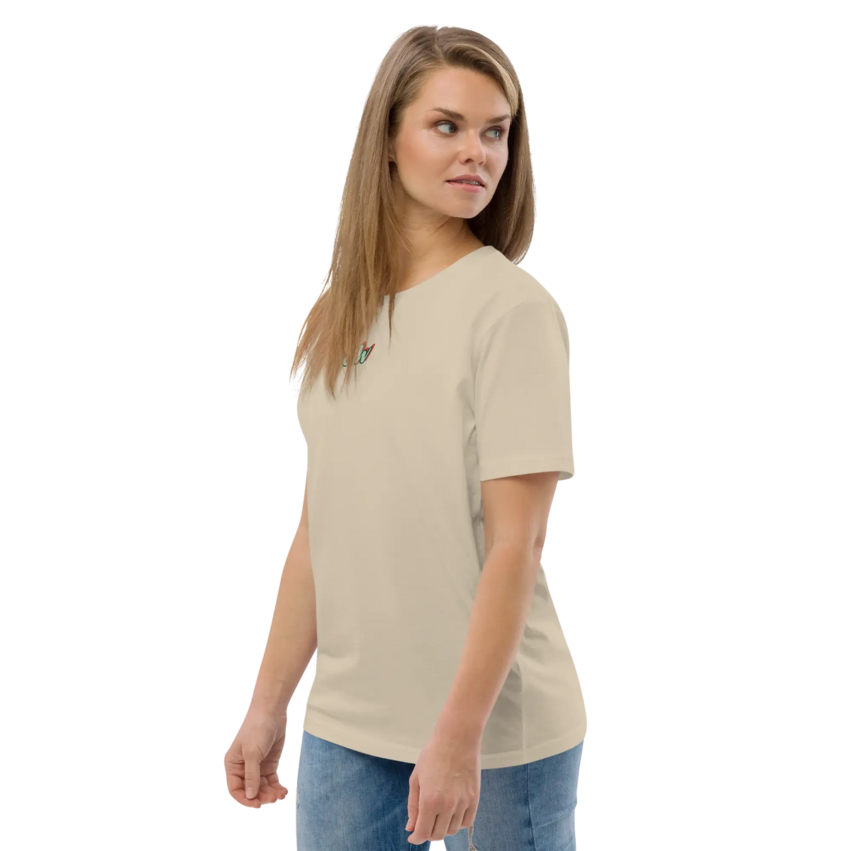 Unisex organic cotton t-shirt, light beige, side profile with small chest logo