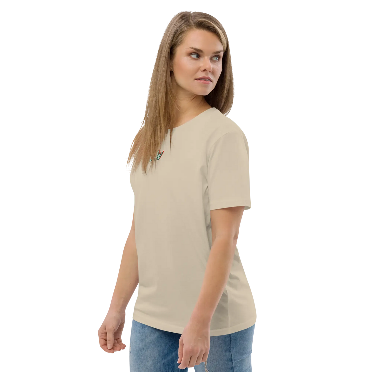 Unisex organic cotton T-shirt in beige, crew neck, short sleeves, side view