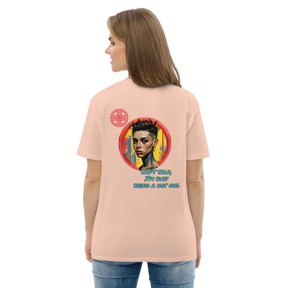 Back view of unisex organic cotton t-shirt in cotton pink with large heart print