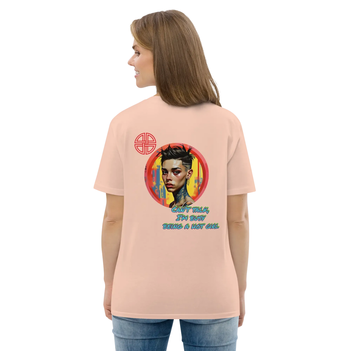 Back view of unisex organic cotton t-shirt in cotton pink with large heart print