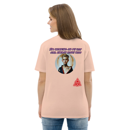 Peach unisex organic cotton T-shirt, back graphic text and red triquetra logo