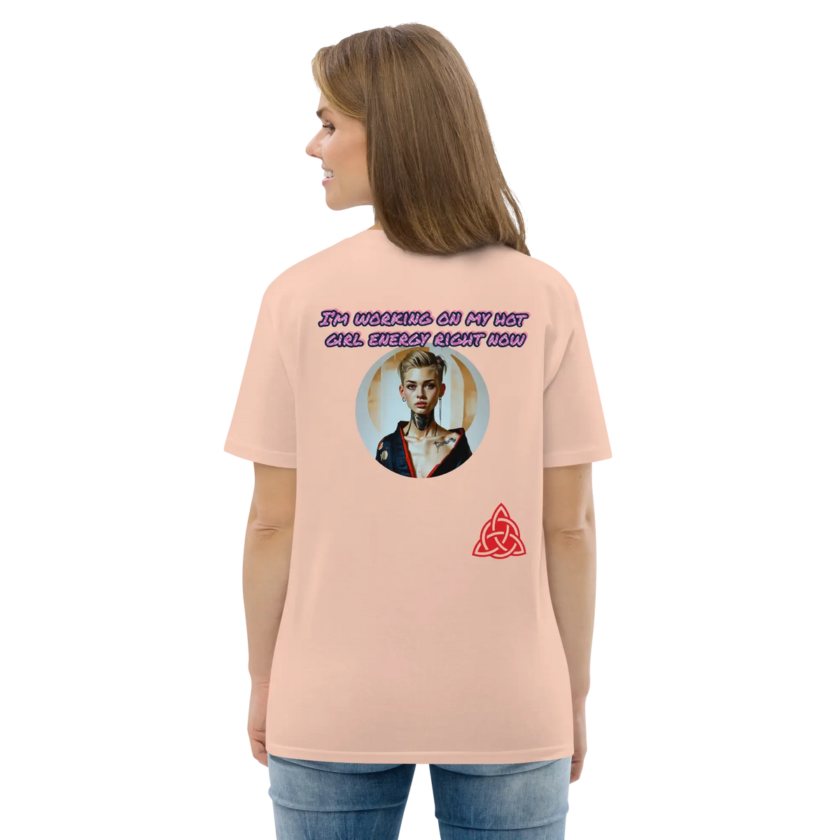 Peach unisex organic cotton T-shirt, back graphic text and red triquetra logo