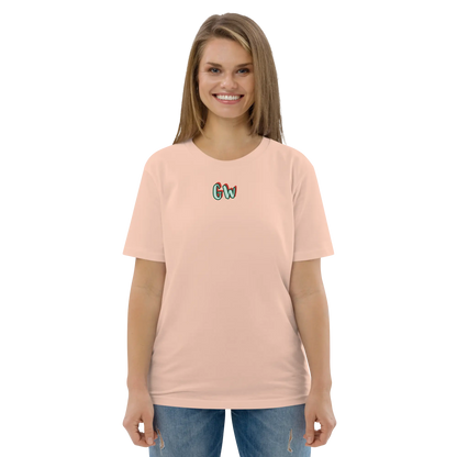 Unisex organic cotton t-shirt in cotton pink with small chest logo graphic