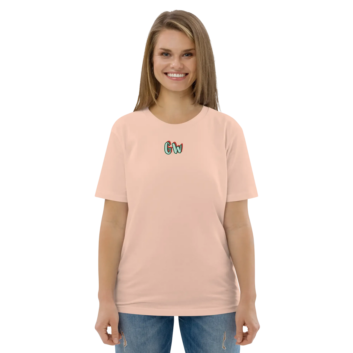 Unisex organic cotton t-shirt in cotton pink with small chest logo graphic