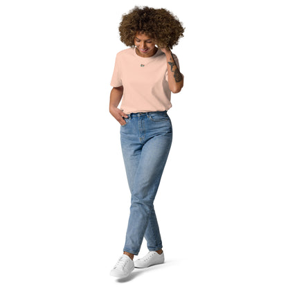 Cotton pink unisex organic cotton T-shirt, front with small chest graphic