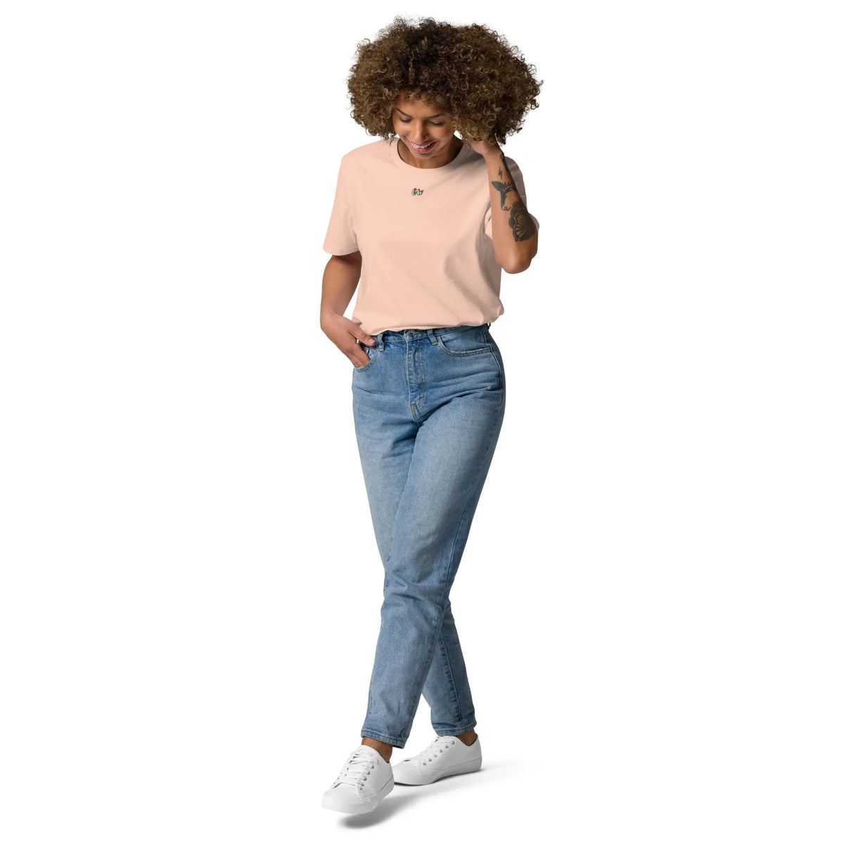 Cotton pink unisex organic cotton T-shirt, front with small chest graphic