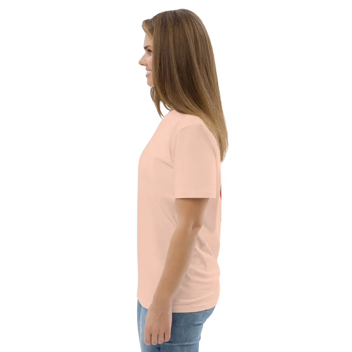 Pink unisex organic cotton T-shirt, front-to-side view, crew neck and short sleeves.