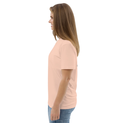 Unisex organic cotton T-shirt, light pink side profile with chest logo